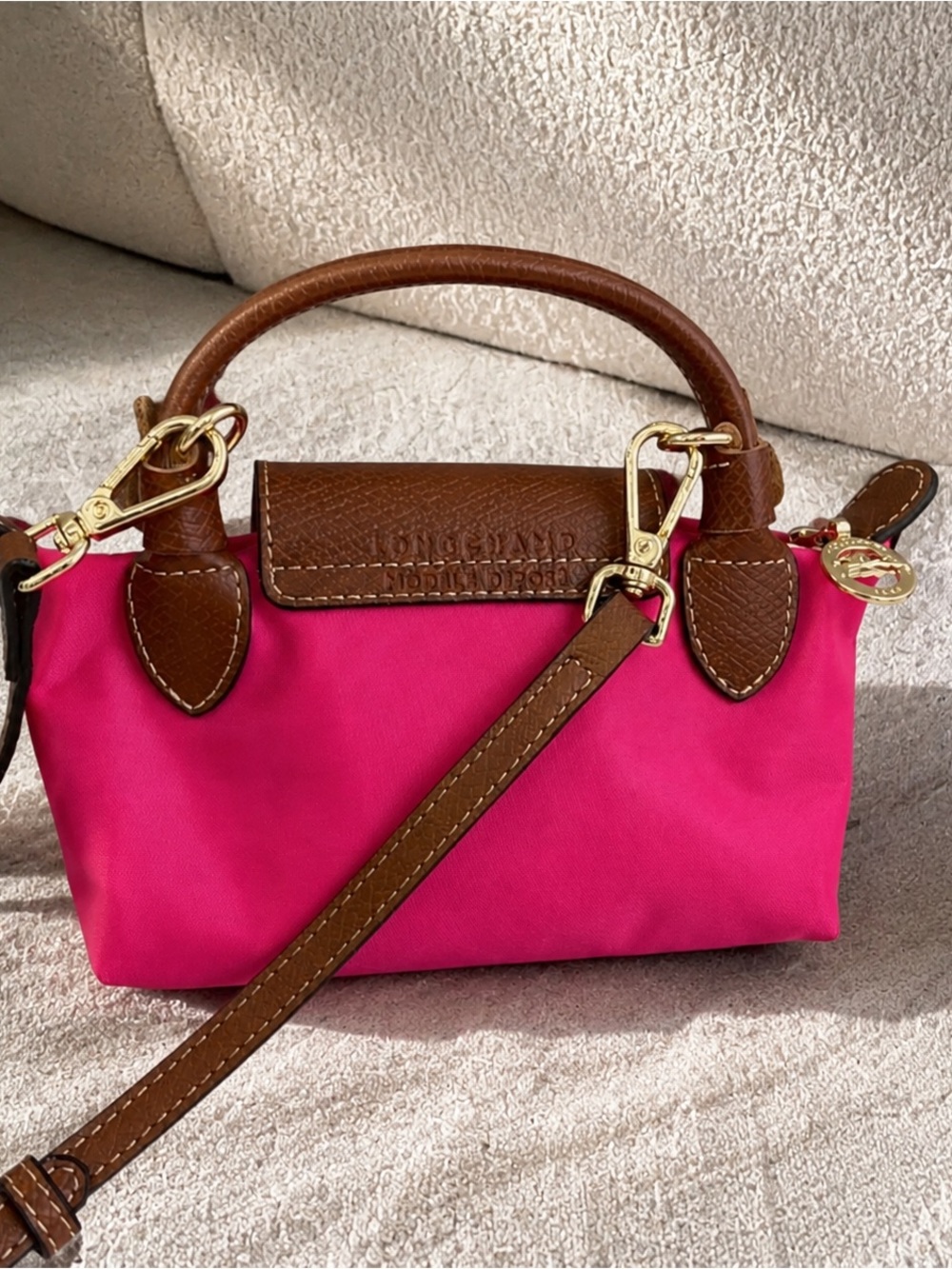 Longchamp Mini Crossbody in Fuchsia with Brown Leather Trim - Picture 3 of 4